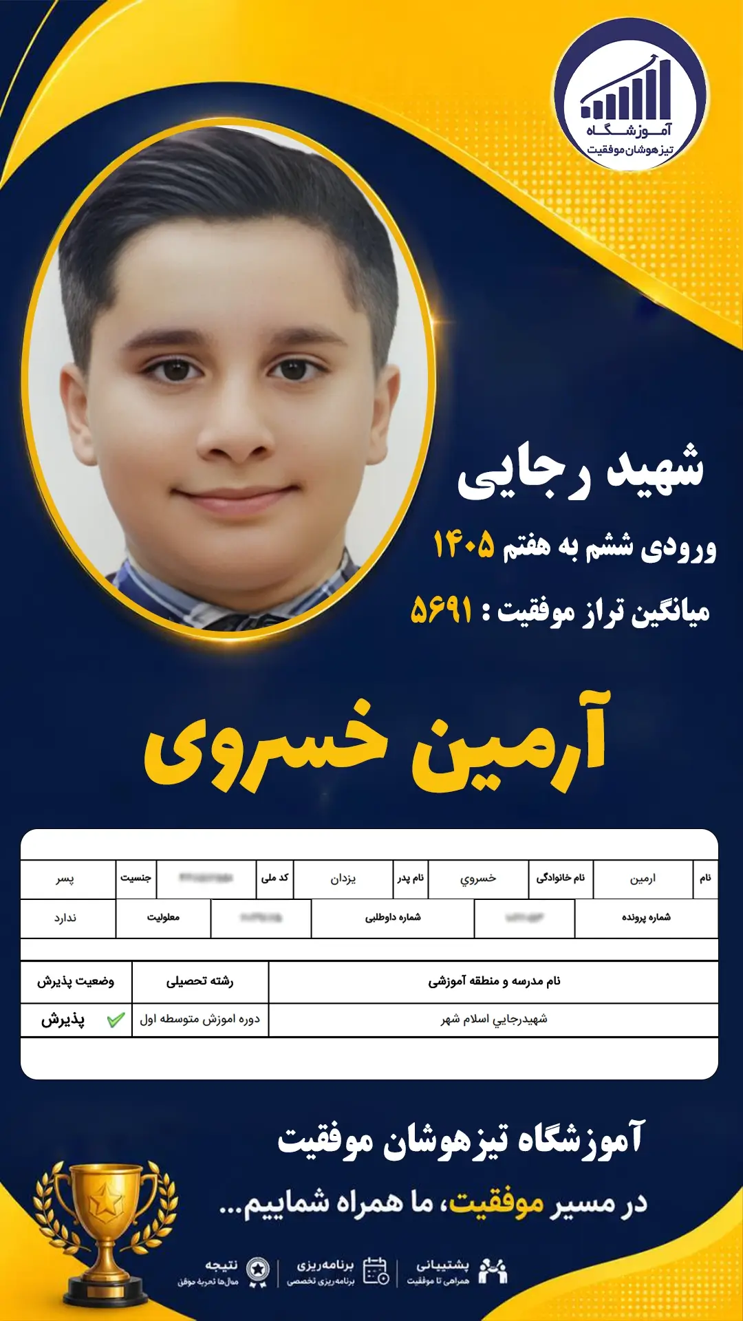 قبولی تیزهوشان سمپاد پایه ششم آرمین خسروی - آموزشگاه موفقیت ۱۴۰۵