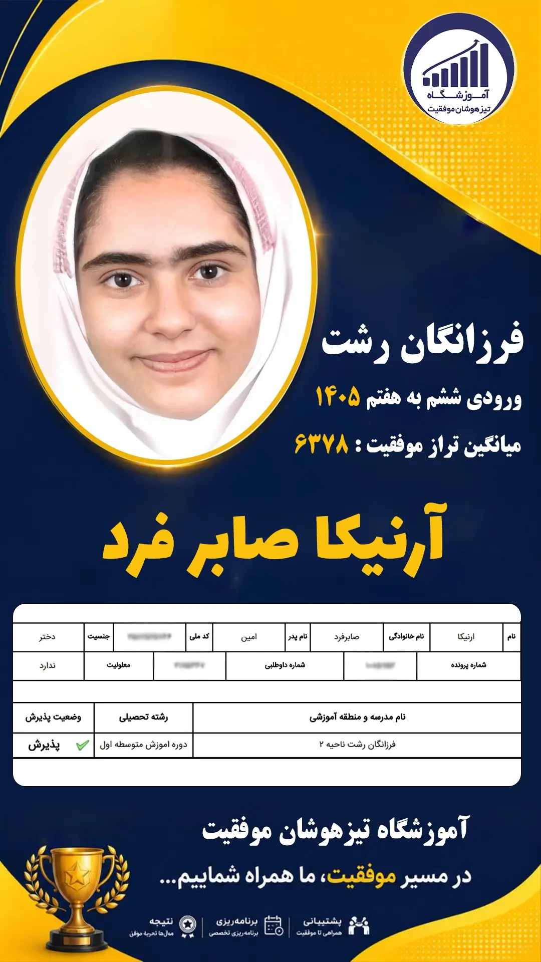 قبولی تیزهوشان سمپاد پایه ششم آرنیکا صابر فرد - آموزشگاه موفقیت ۱۴۰۵