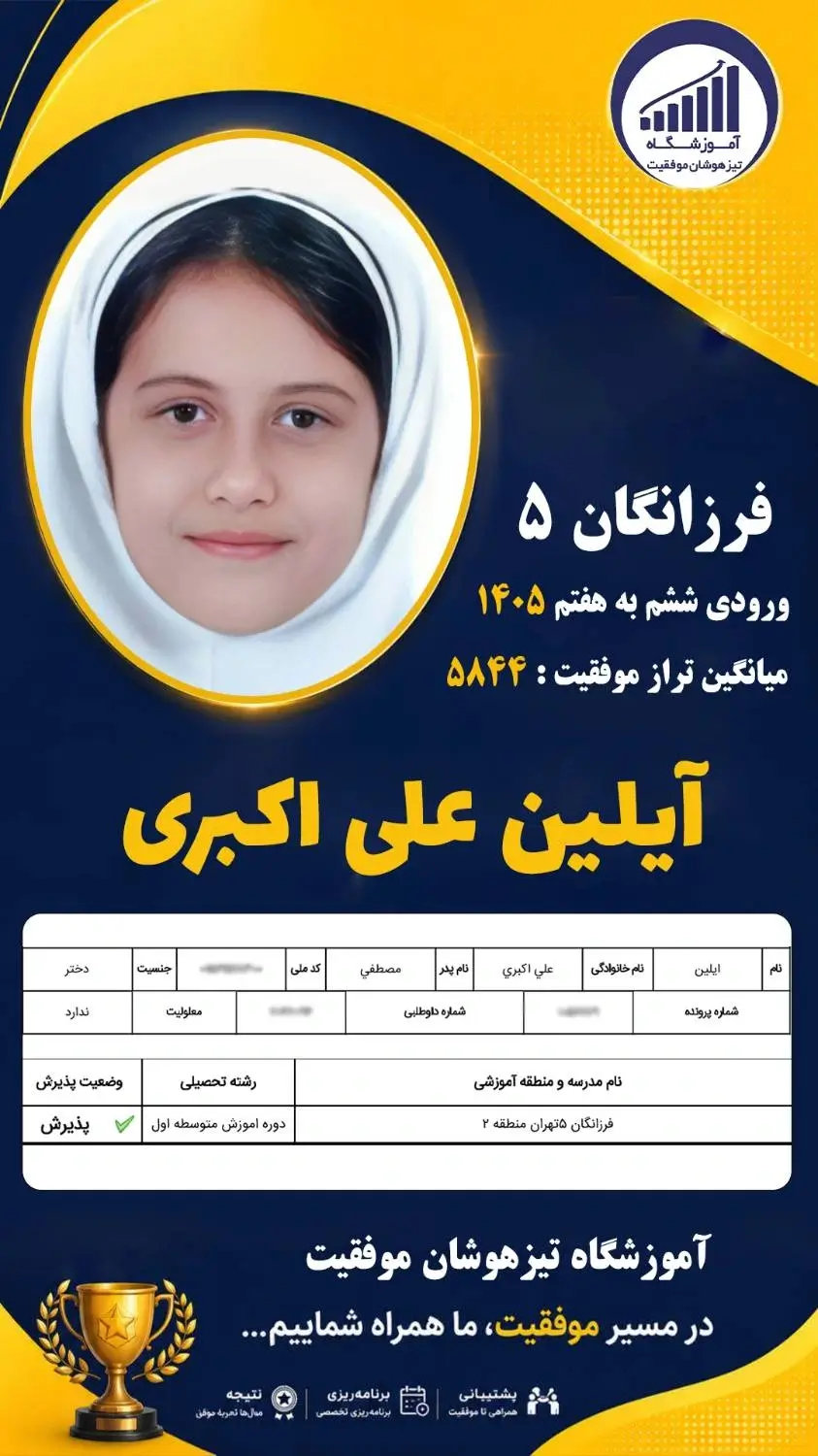 قبولی تیزهوشان سمپاد پایه ششم آیلین علی اکبری - آموزشگاه موفقیت ۱۴۰۵