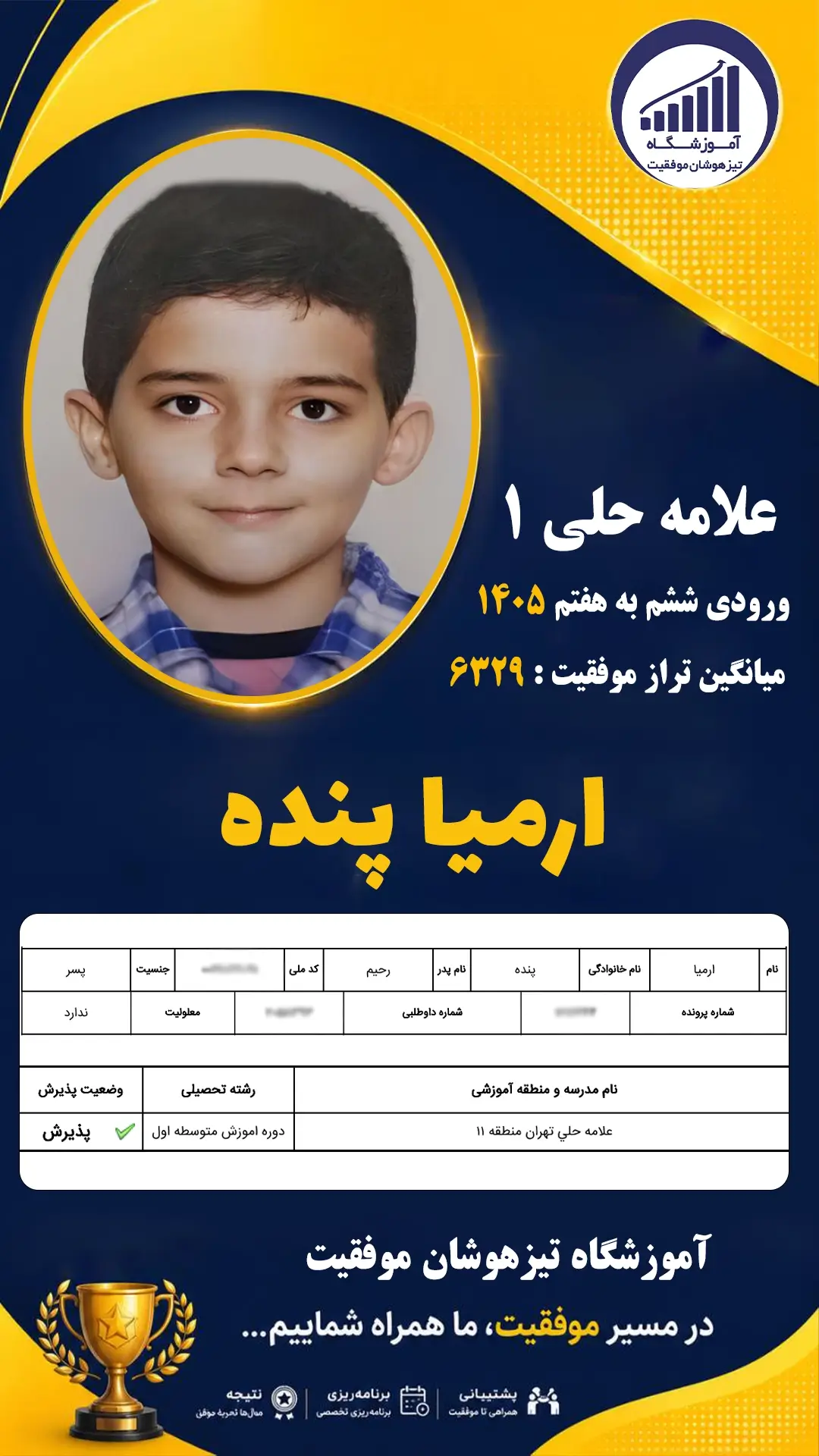 قبولی تیزهوشان سمپاد پایه ششم ارمیا پنده - آموزشگاه موفقیت ۱۴۰۵