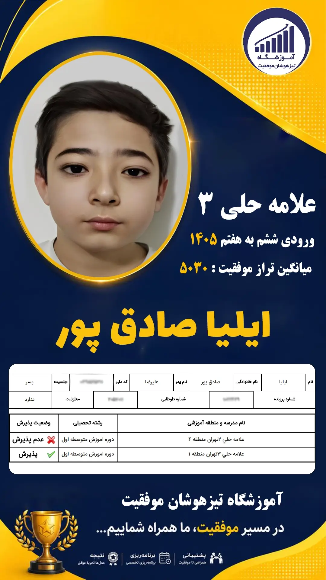 قبولی تیزهوشان سمپاد پایه ششم ایلیا صادق پور - آموزشگاه موفقیت ۱۴۰۵