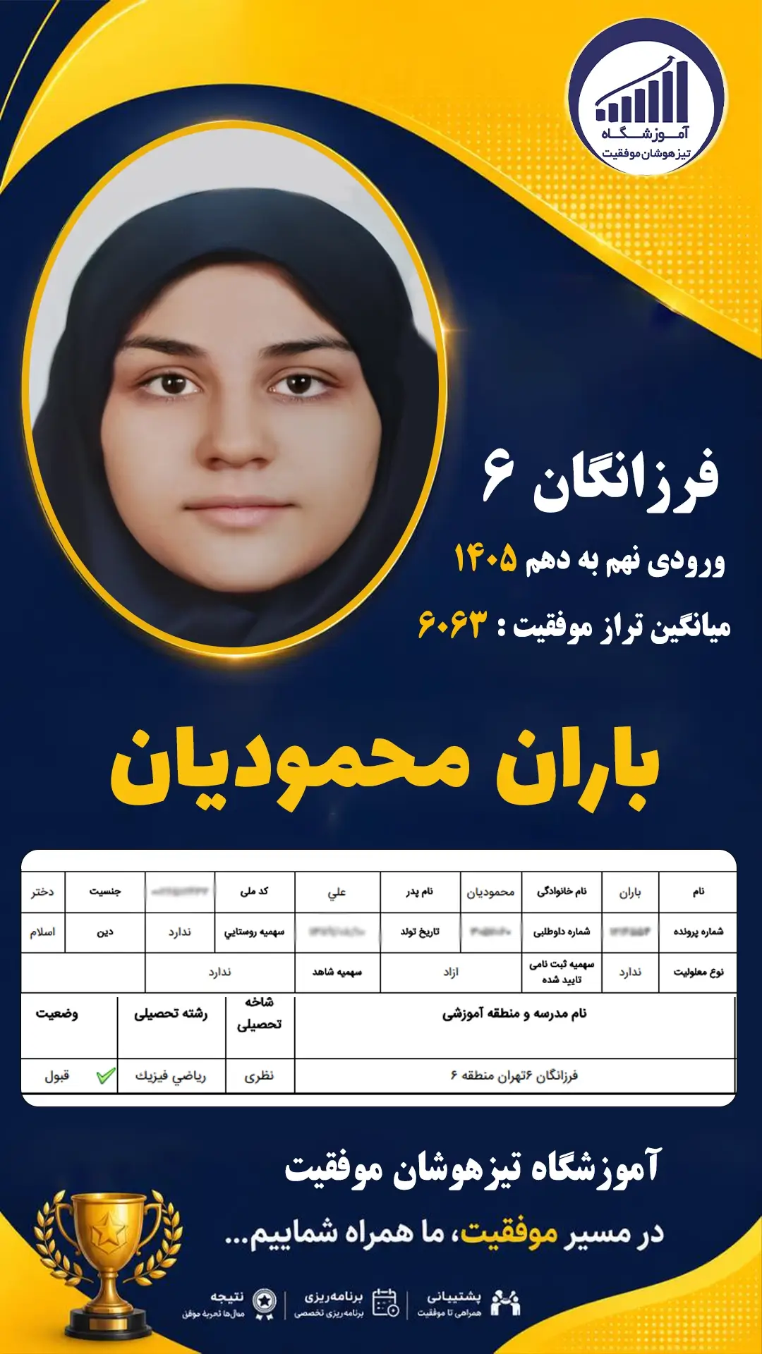 قبولی تیزهوشان نهم سمپاد باران محمودیان - آموزشگاه موفقیت ۱۴۰۵