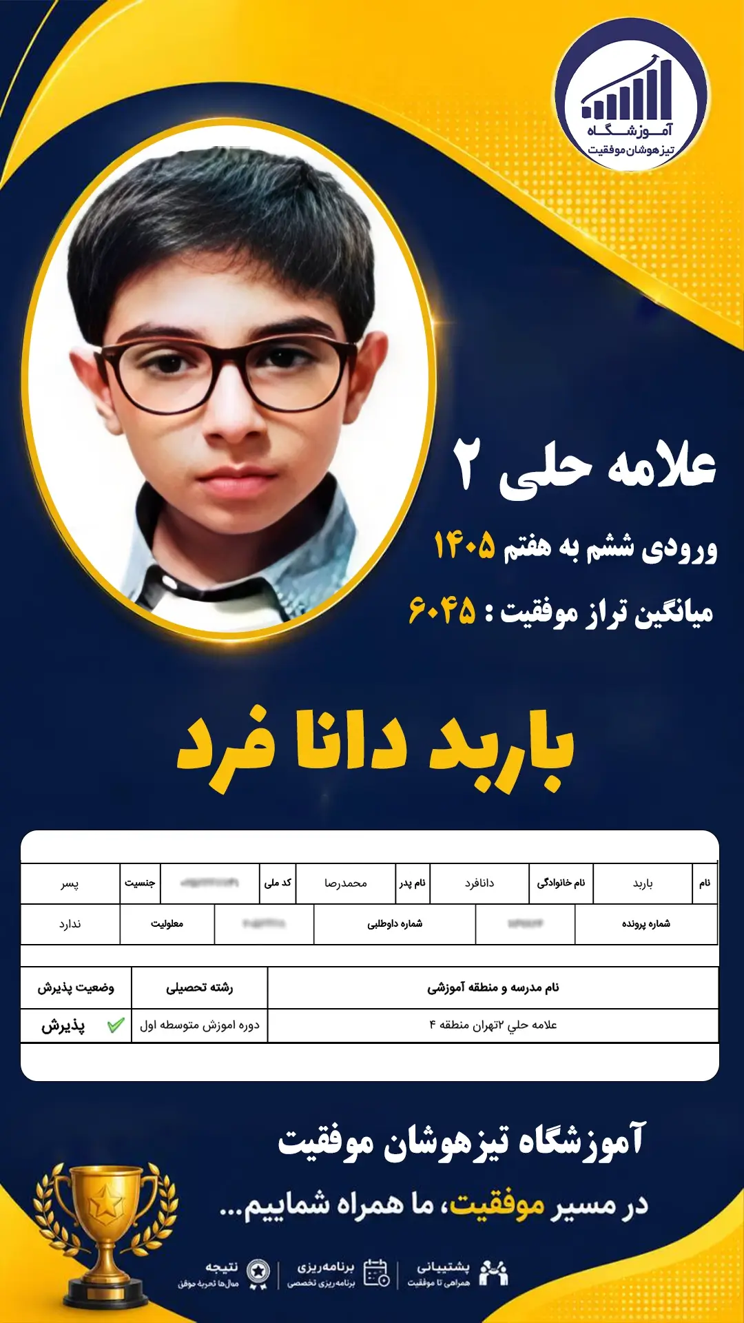 قبولی تیزهوشان سمپاد پایه ششم باربد دانافرد - آموزشگاه موفقیت ۱۴۰۵