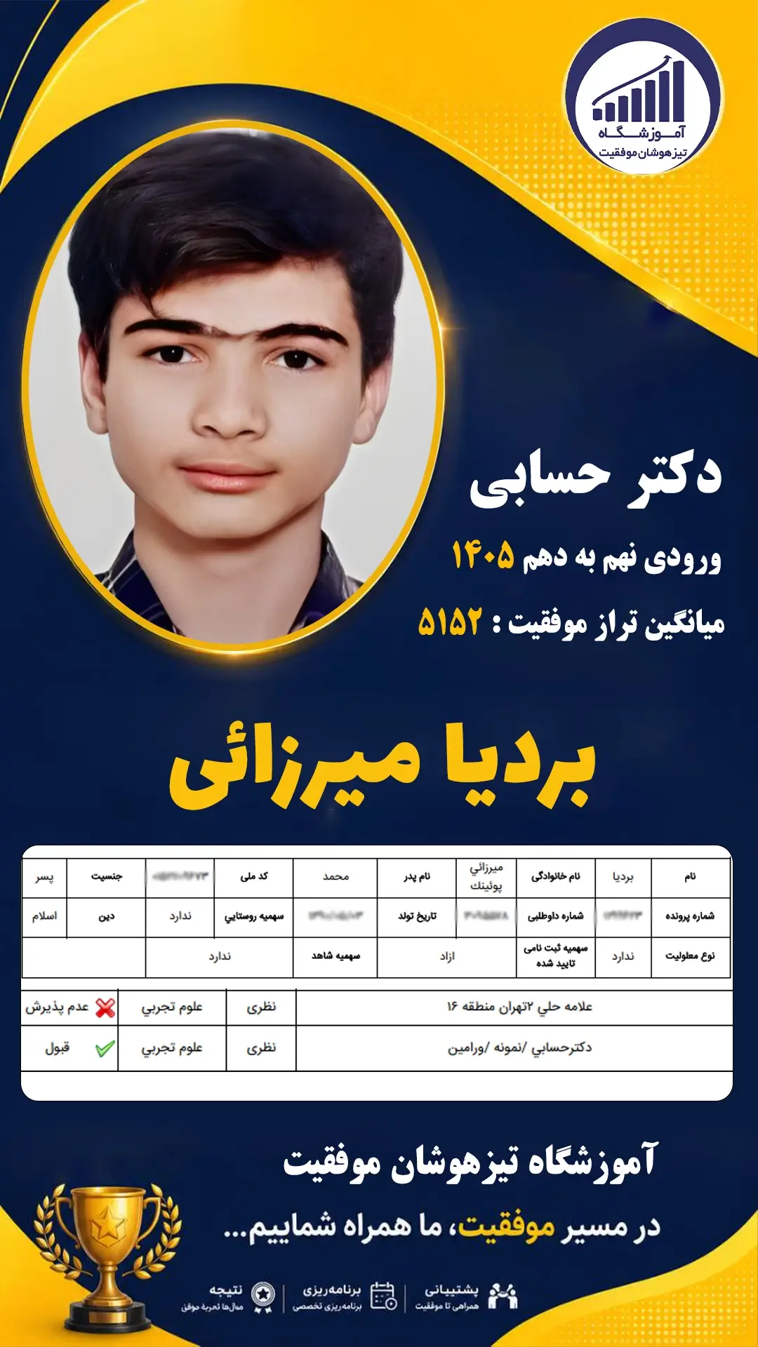 قبولی تیزهوشان نهم سمپاد بردیا میرزائی - آموزشگاه موفقیت ۱۴۰۵