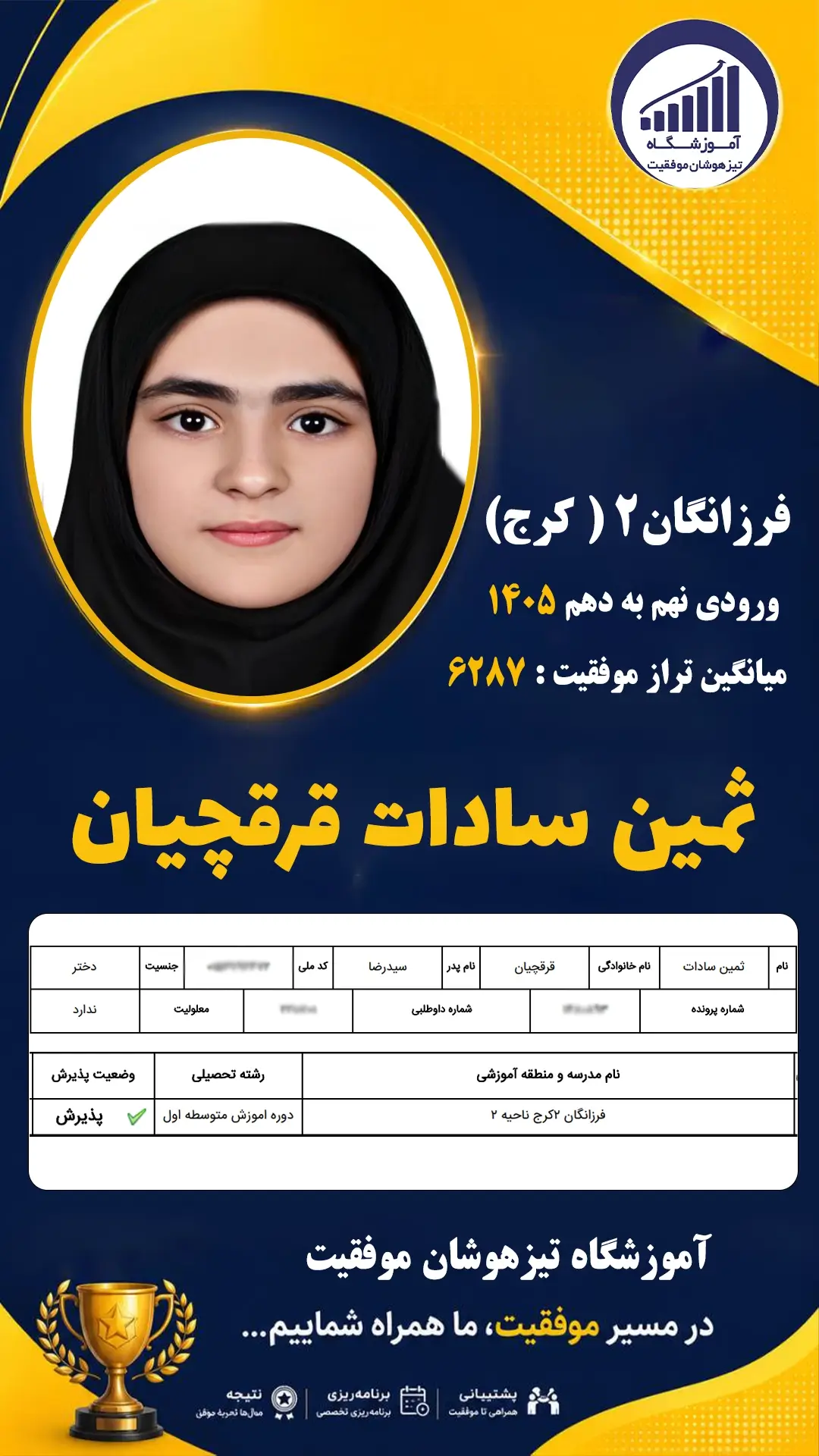 قبولی تیزهوشان نهم سمپاد ثمین سادات قرقچیان - آموزشگاه موفقیت ۱۴۰۵