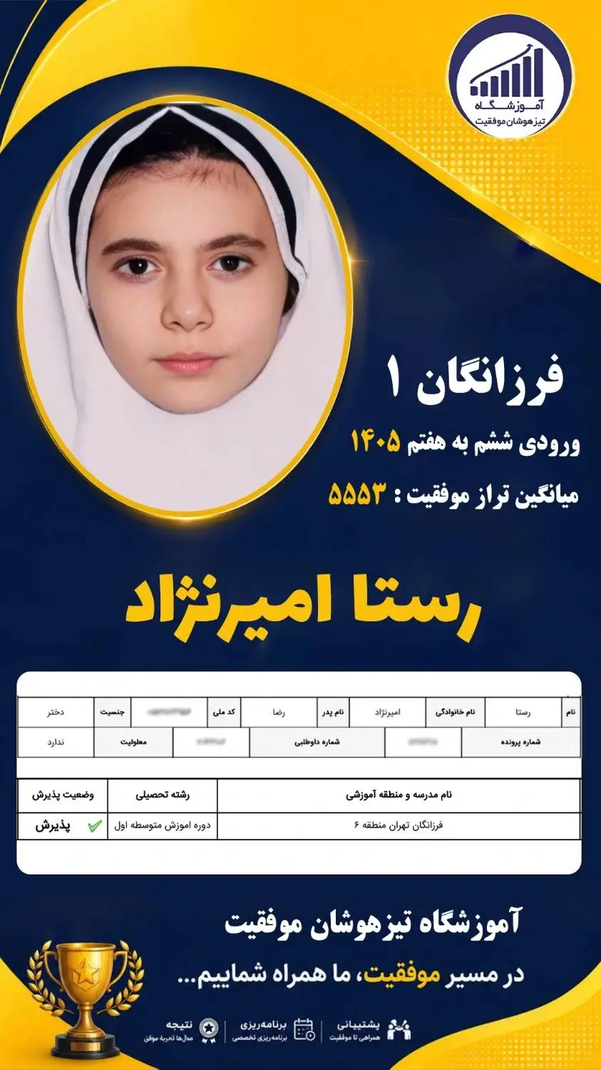 قبولی تیزهوشان سمپاد پایه ششم رستا امیرنژاد - آموزشگاه موفقیت ۱۴۰۵