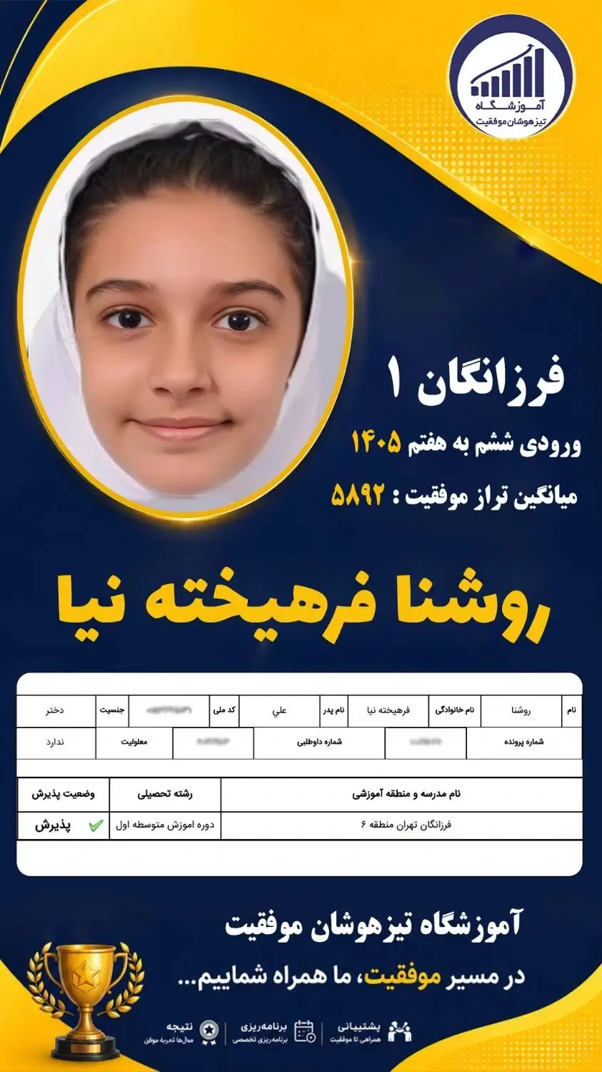 قبولی تیزهوشان سمپاد پایه ششم روشنا فرهیخته نیا - آموزشگاه موفقیت ۱۴۰۵