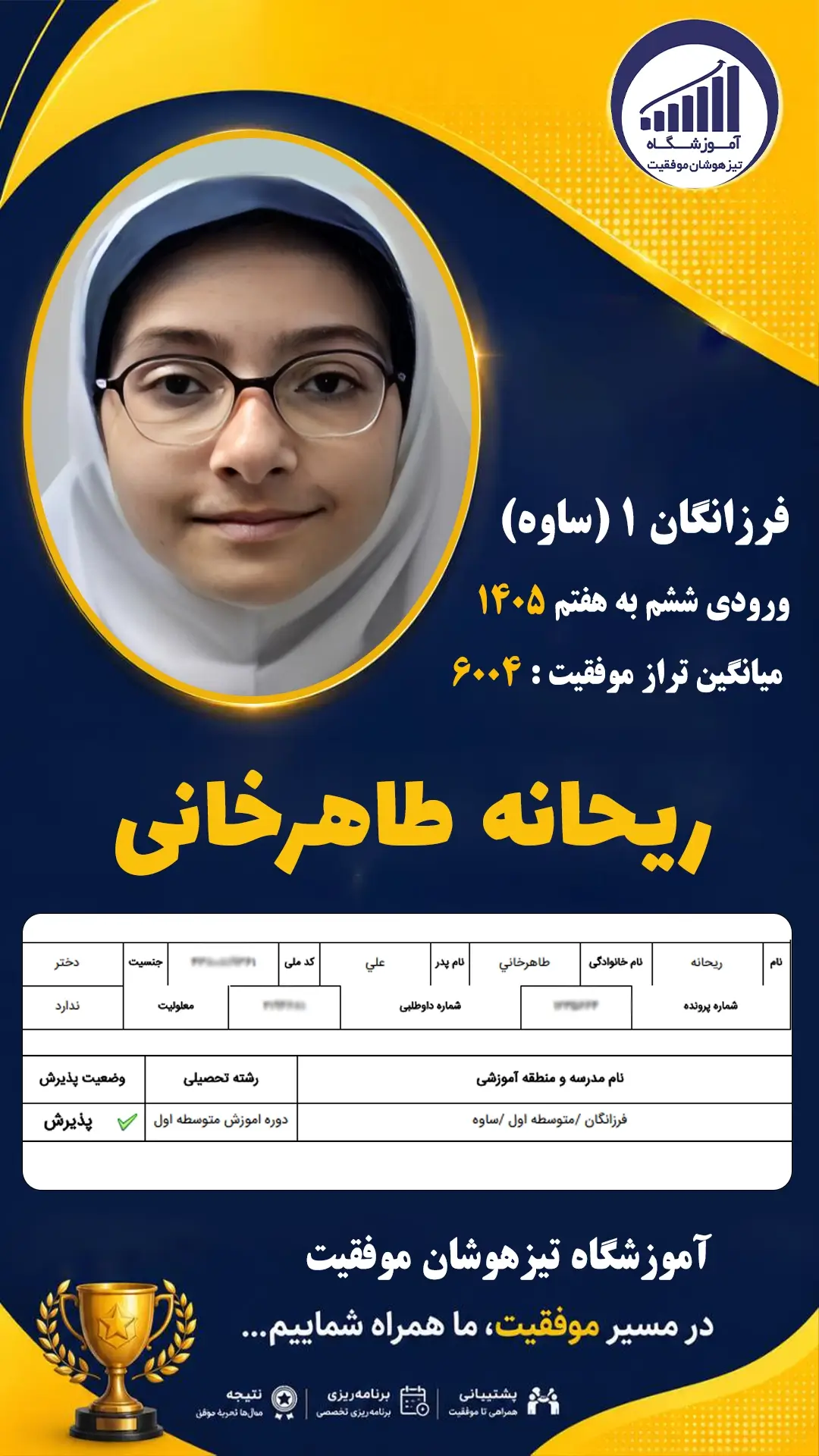 قبولی تیزهوشان سمپاد پایه ششم ریحانه طاهرخانی - آموزشگاه موفقیت ۱۴۰۵