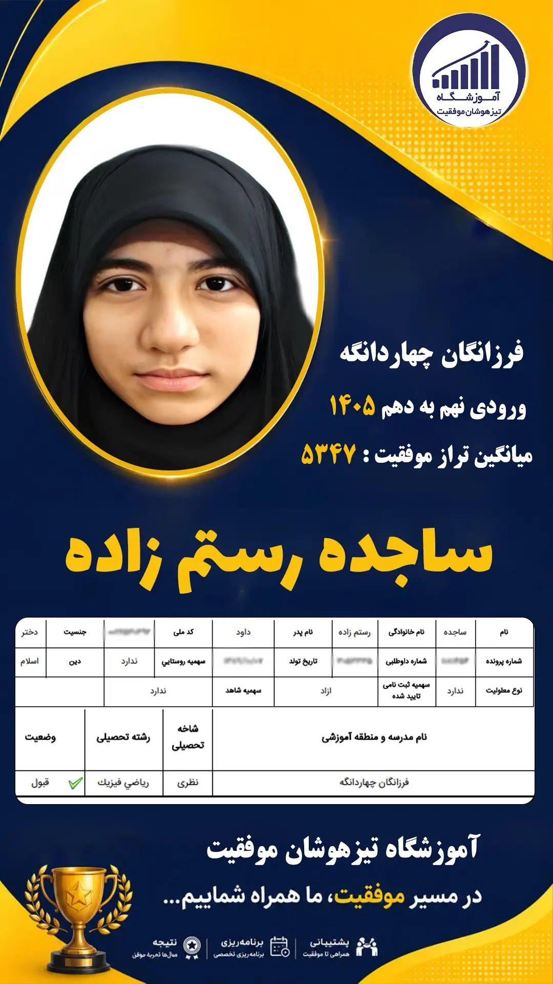 قبولی تیزهوشان نهم سمپاد ساجده رستم زاده - آموزشگاه موفقیت ۱۴۰۵