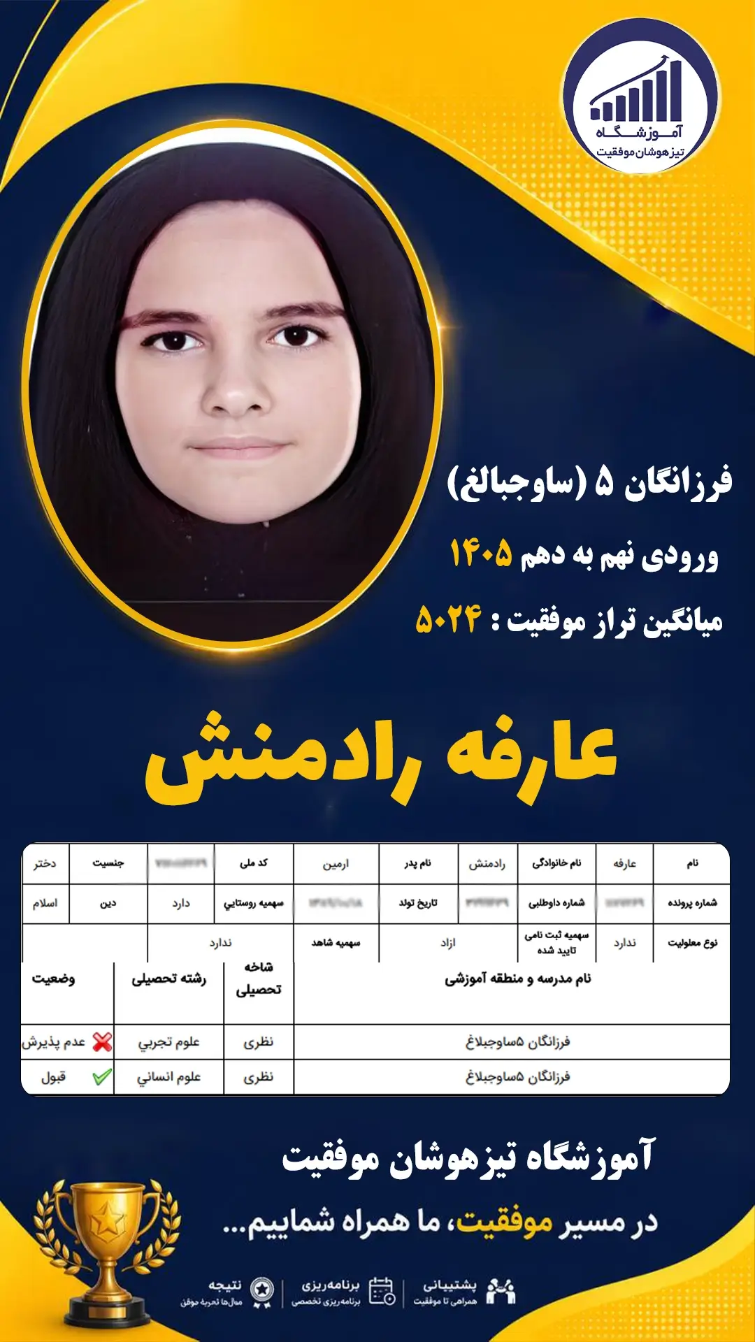 قبولی تیزهوشان نهم سمپاد عارفه رادمنش - آموزشگاه موفقیت ۱۴۰۵