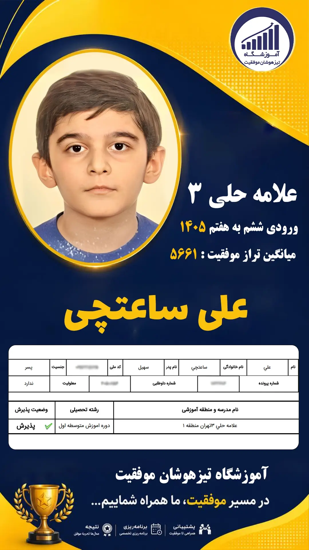 قبولی تیزهوشان سمپاد پایه ششم علی ساعتچی - آموزشگاه موفقیت ۱۴۰۵