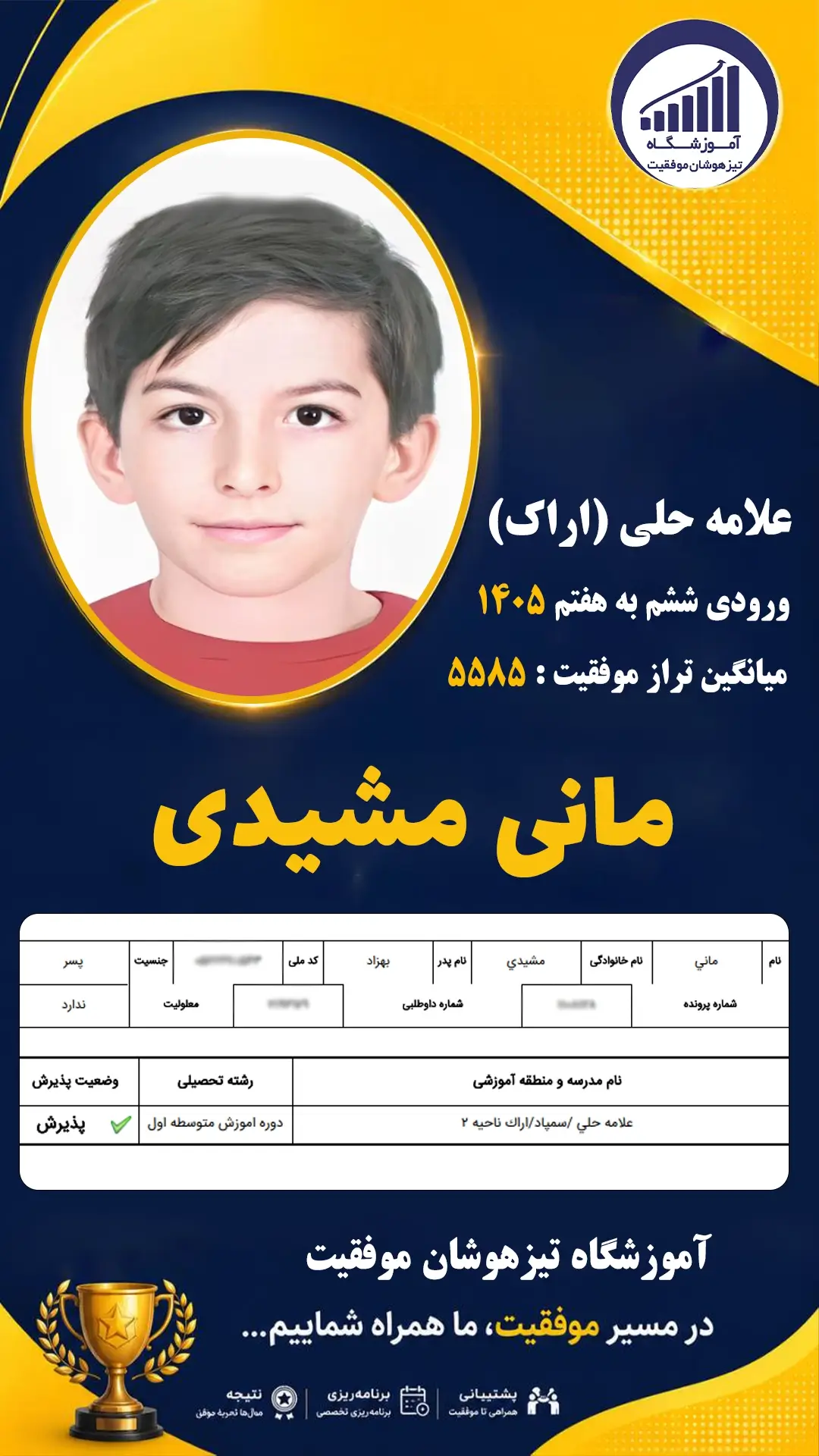 قبولی تیزهوشان سمپاد پایه ششم مانی مشیدی - آموزشگاه موفقیت ۱۴۰۵