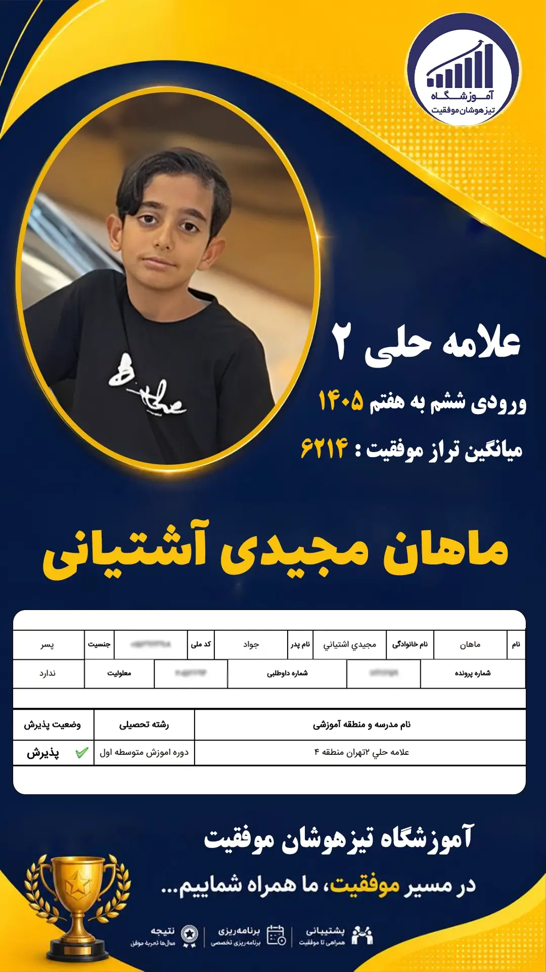 قبولی تیزهوشان سمپاد پایه ششم ماهان مجیدی آشتیانی - آموزشگاه موفقیت ۱۴۰۵