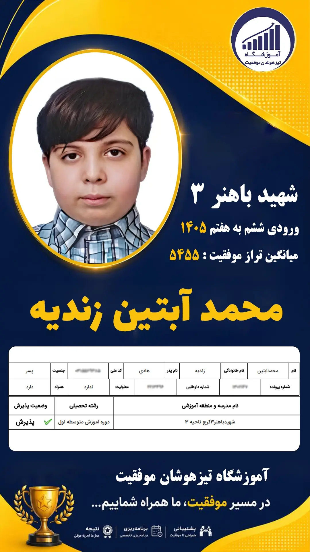قبولی تیزهوشان سمپاد پایه ششم محمد آبتین زندیه - آموزشگاه موفقیت ۱۴۰۵