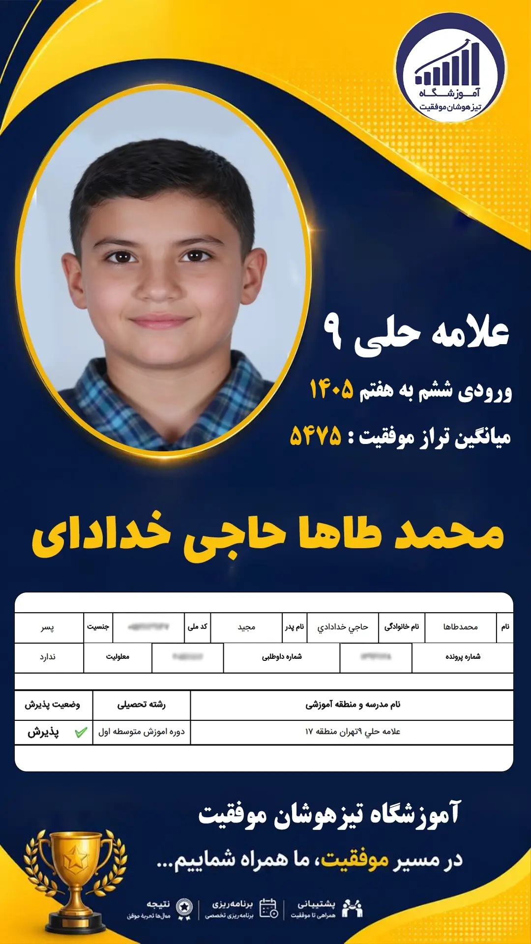 قبولی تیزهوشان سمپاد پایه ششم محمد طاها حاجی خدادادی - آموزشگاه موفقیت ۱۴۰۵
