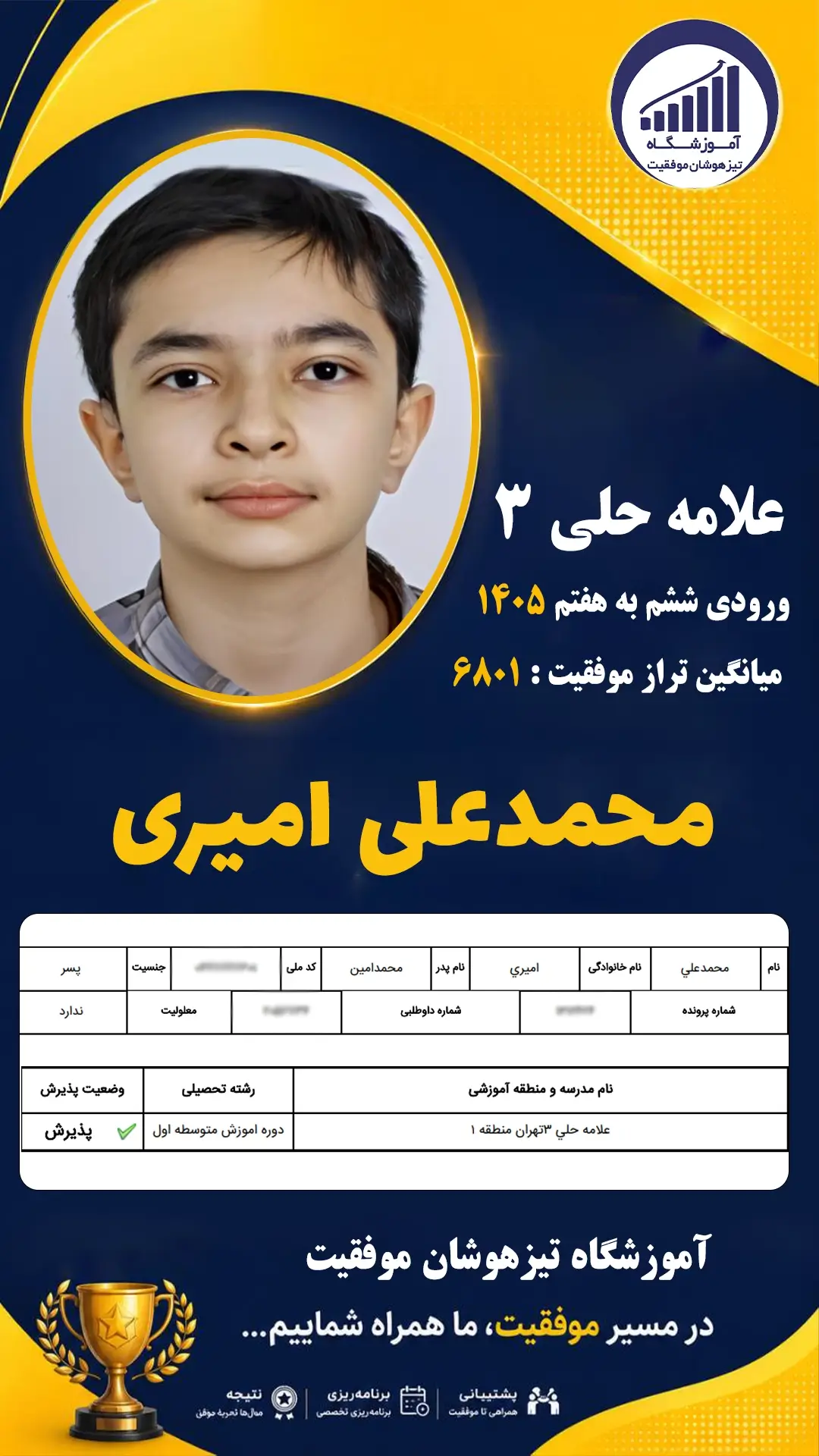 قبولی تیزهوشان سمپاد پایه ششم محمد علی امیری - آموزشگاه موفقیت ۱۴۰۵