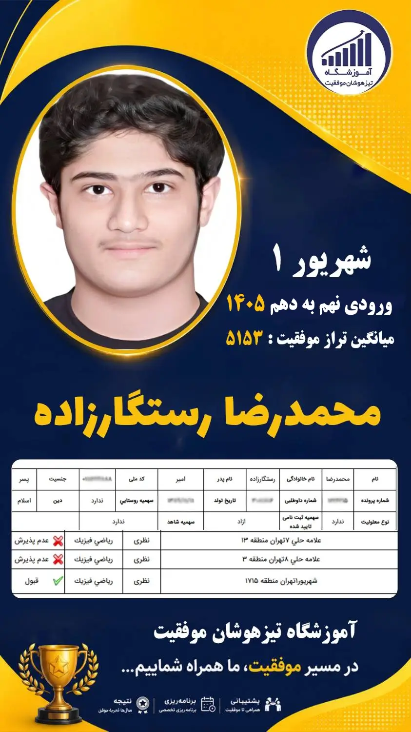 قبولی تیزهوشان نهم سمپاد محمدرضا رستگارزاده - آموزشگاه موفقیت ۱۴۰۵