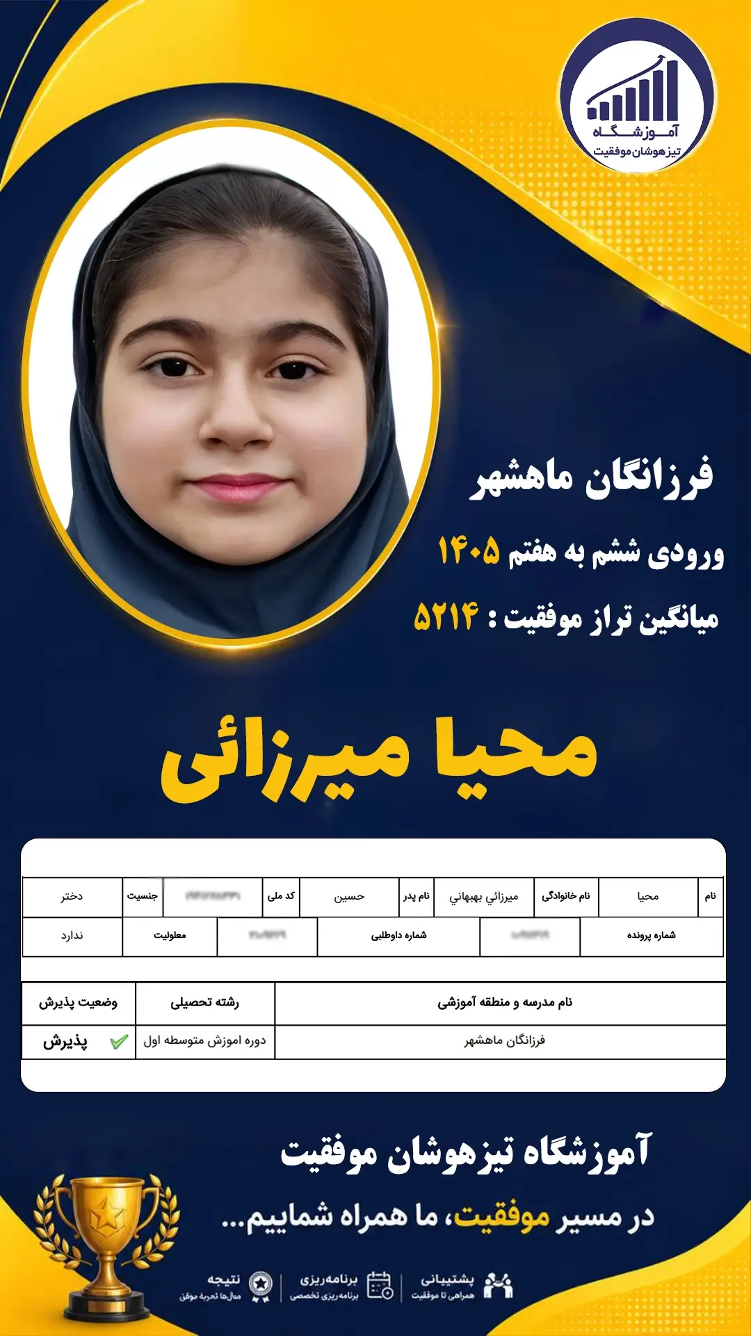 قبولی تیزهوشان نهم سمپاد محیا میرزائی - آموزشگاه موفقیت ۱۴۰۵