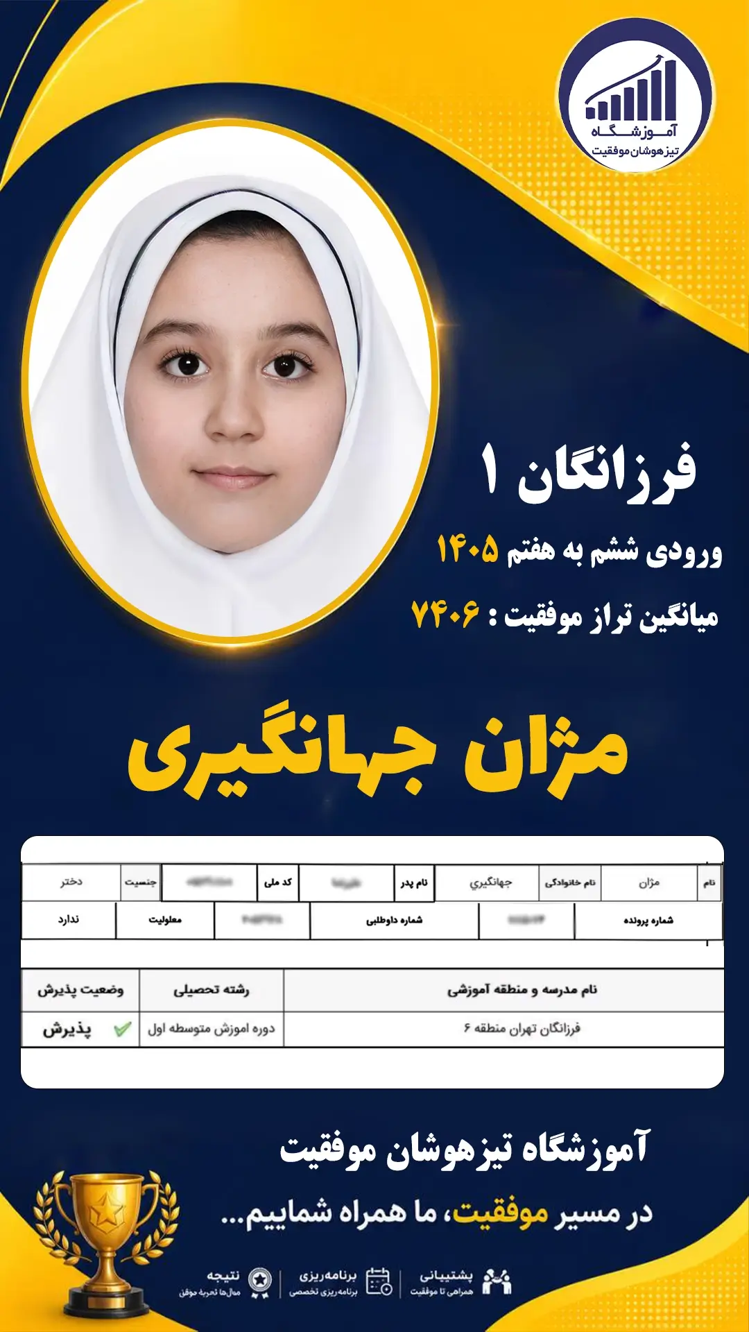 قبولی تیزهوشان سمپاد پایه ششم مژان جهانگیری - آموزشگاه موفقیت ۱۴۰۵