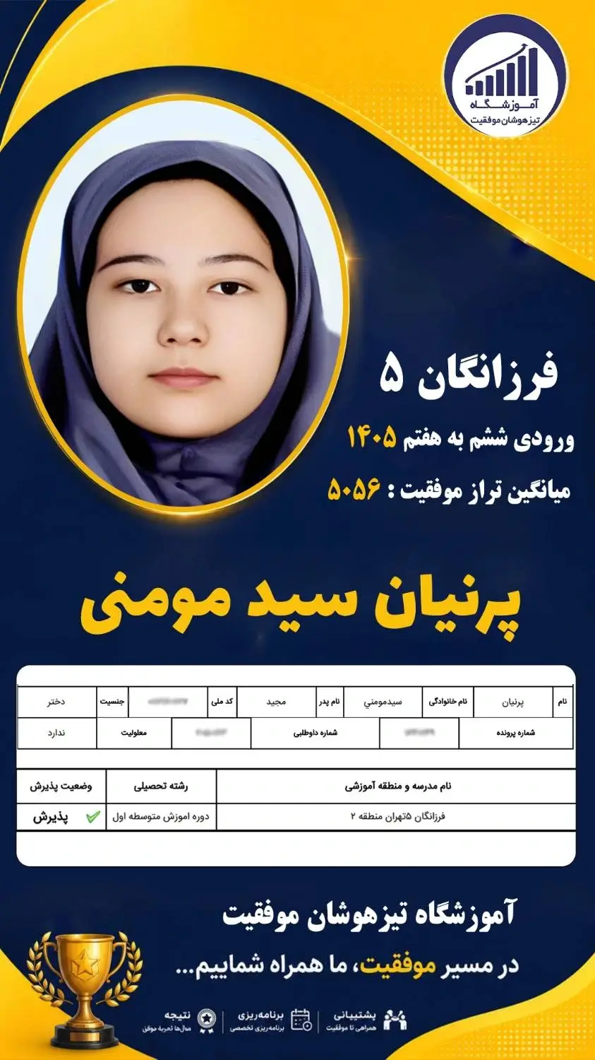 قبولی تیزهوشان سمپاد پایه ششم پرنیان سید مومنی - آموزشگاه موفقیت ۱۴۰۵