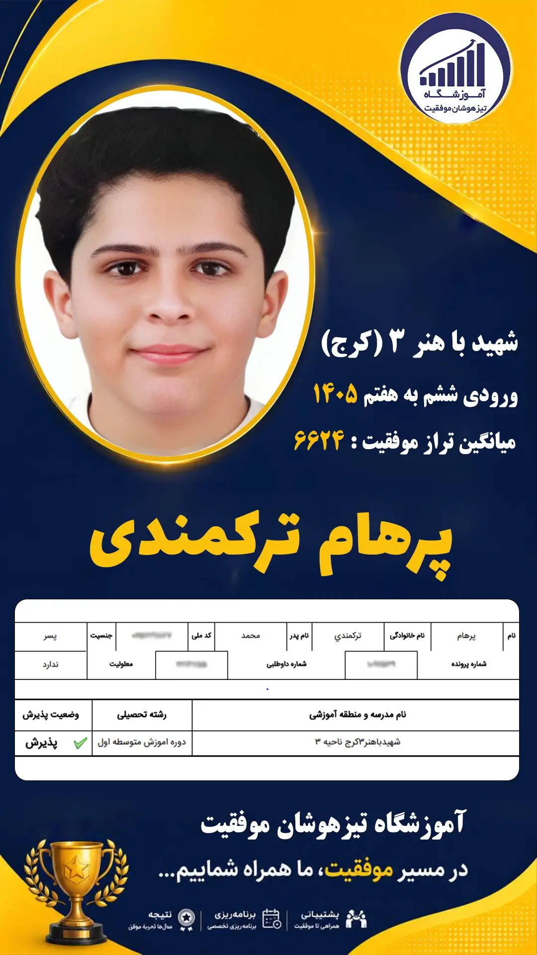 قبولی تیزهوشان سمپاد پایه ششم پرهام ترکمندی - آموزشگاه موفقیت ۱۴۰۵
